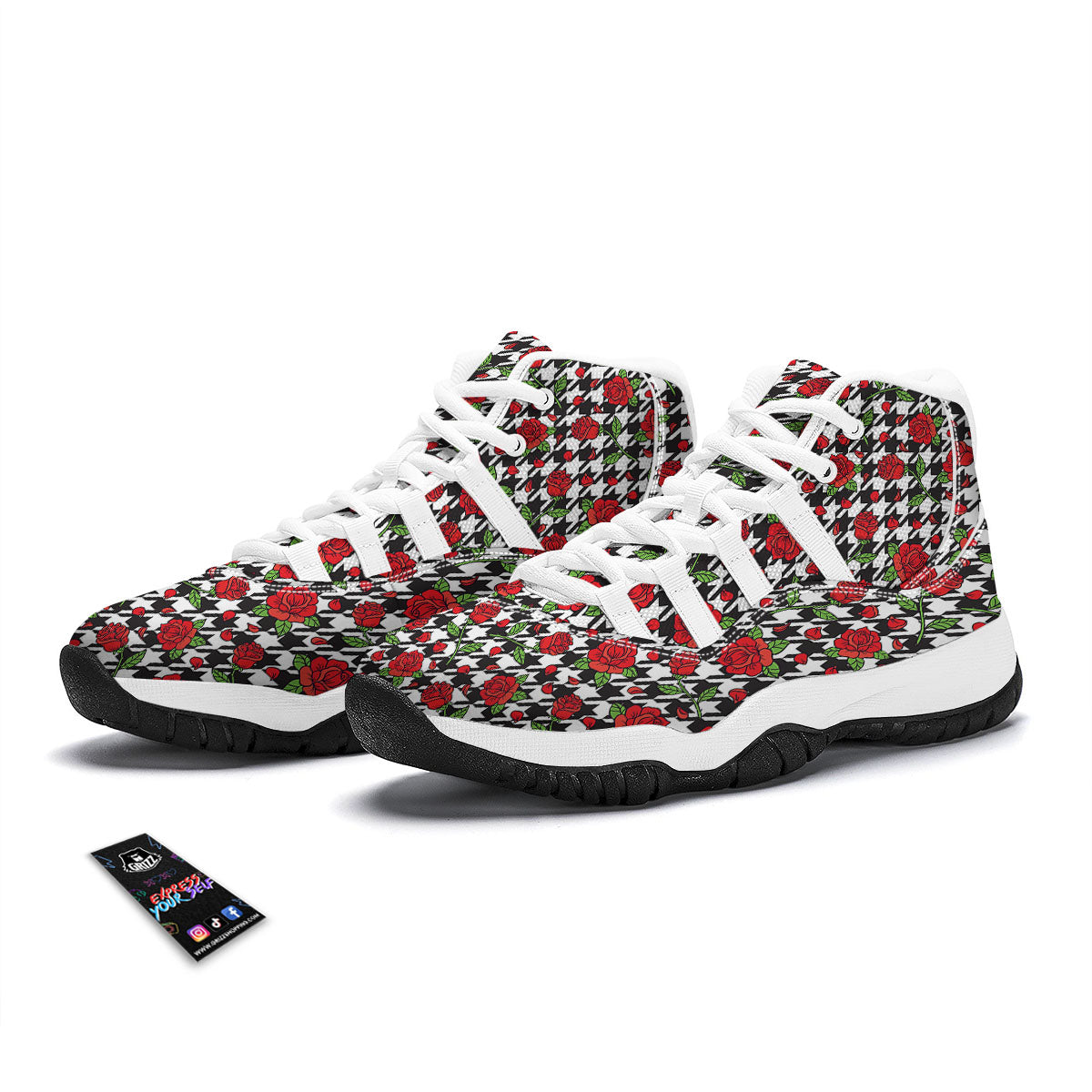 Houndstooth Red Roses Print Pattern White Bball Shoes-grizzshop