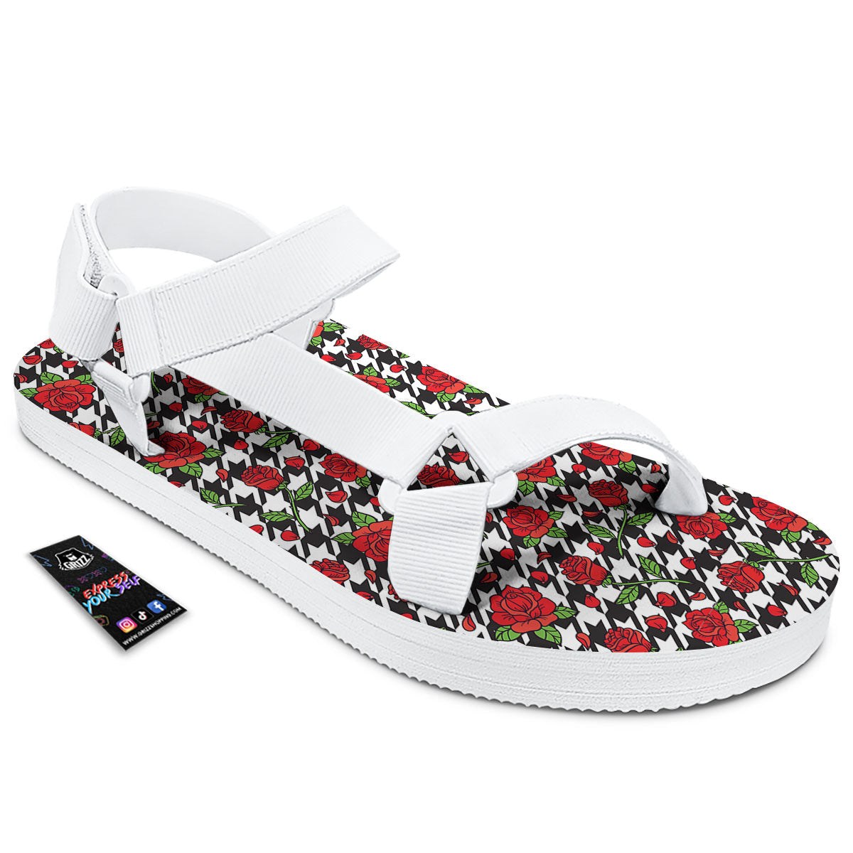 Houndstooth Red Roses Print Pattern White Open Toe Sandals-grizzshop