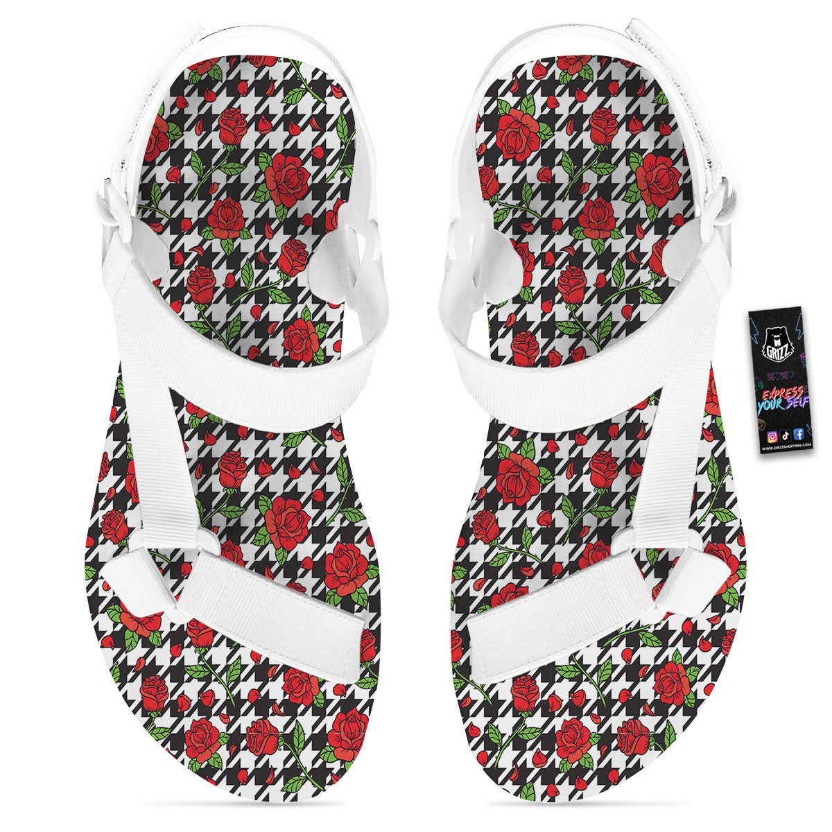 Houndstooth Red Roses Print Pattern White Open Toe Sandals-grizzshop