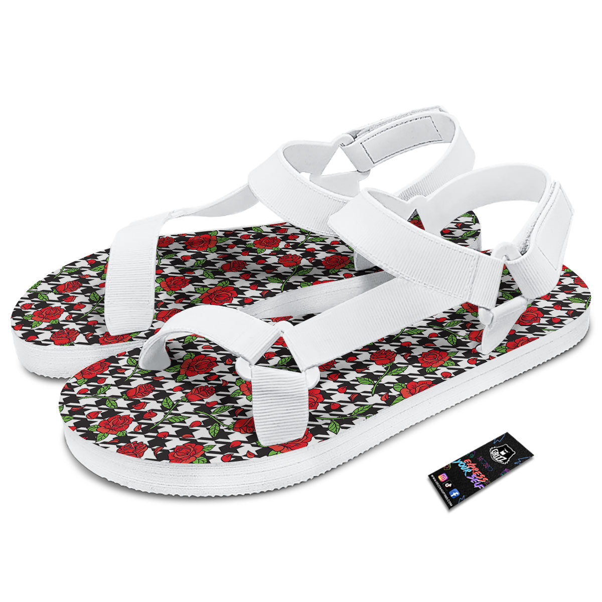 Houndstooth Red Roses Print Pattern White Open Toe Sandals-grizzshop