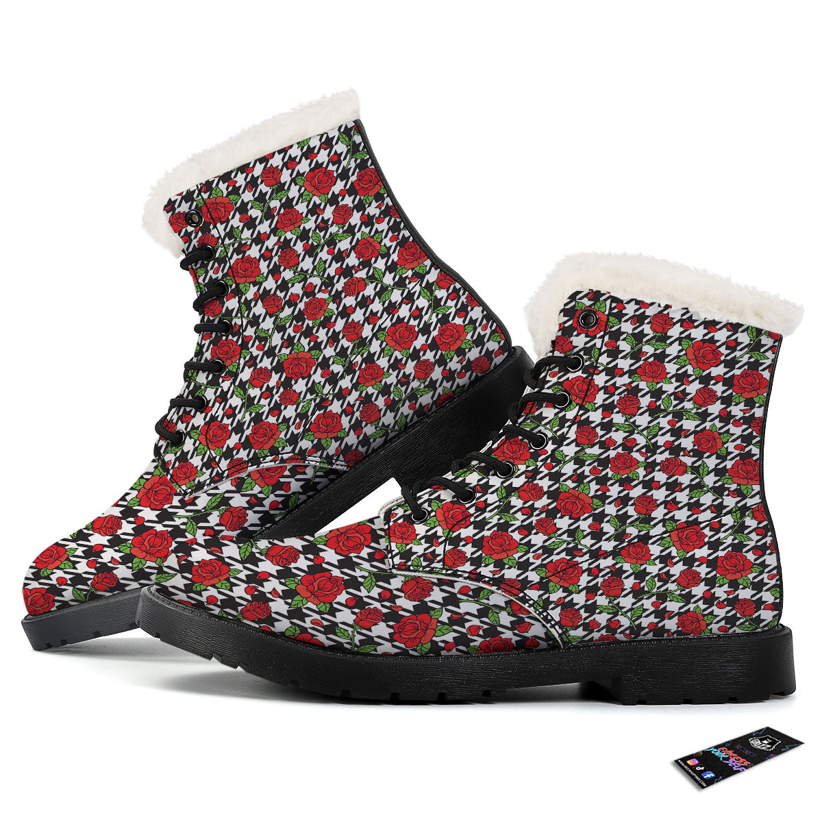 Houndstooth Red Roses Print Pattern Winter Boots-grizzshop