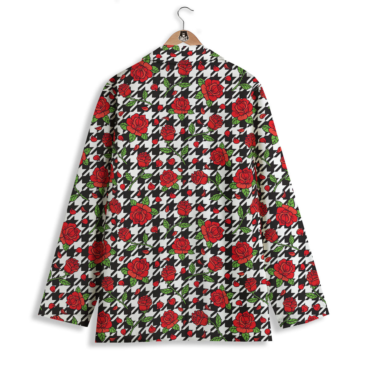 Houndstooth Red Roses Print Pattern Women's Blazer-grizzshop