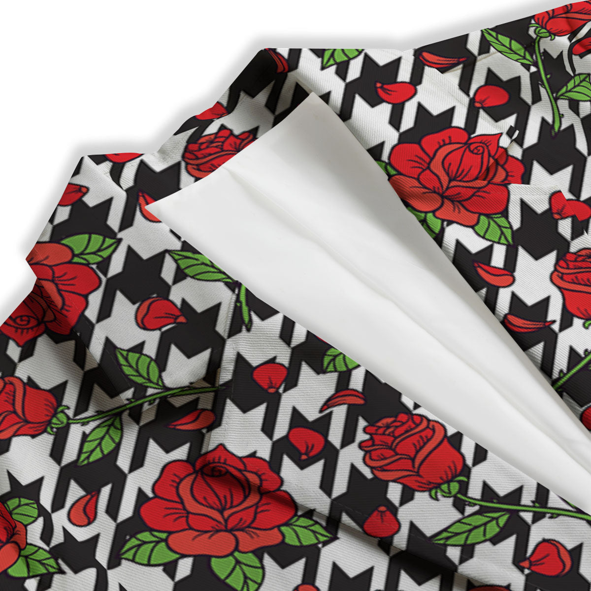 Houndstooth Red Roses Print Pattern Women's Blazer-grizzshop