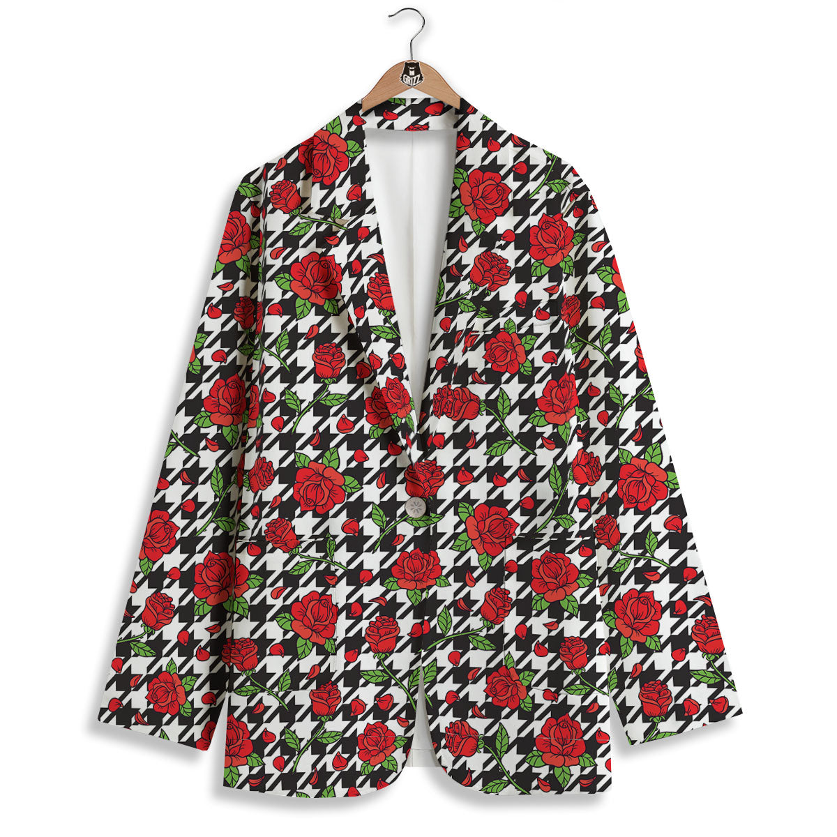 Houndstooth Red Roses Print Pattern Women's Blazer-grizzshop