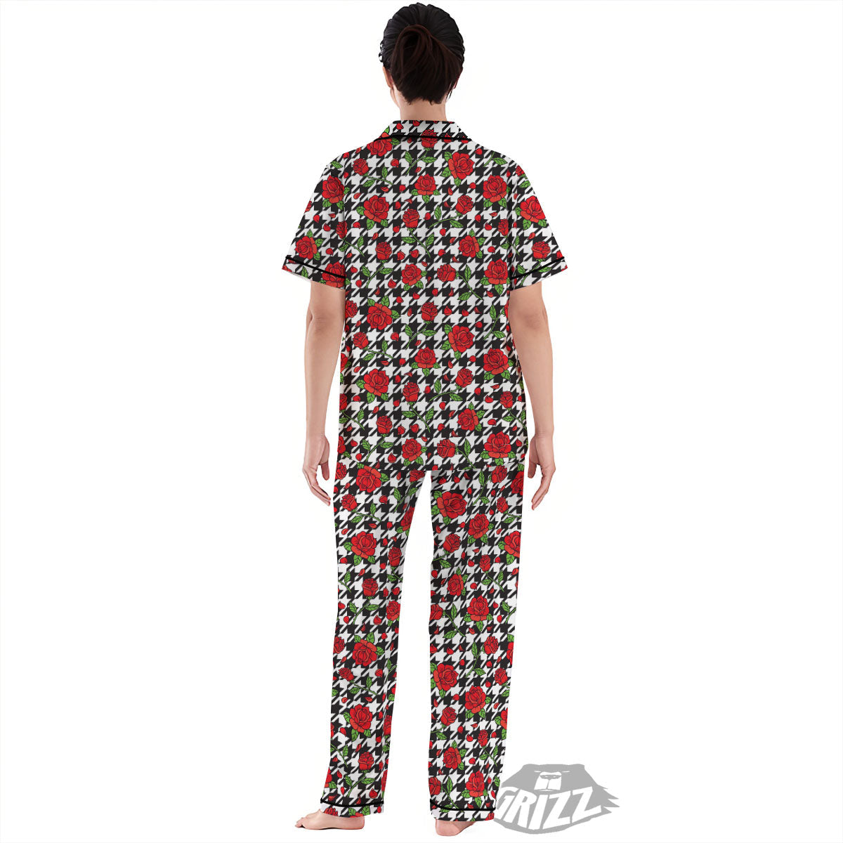 Houndstooth Red Roses Print Pattern Women's Pajamas Set-grizzshop