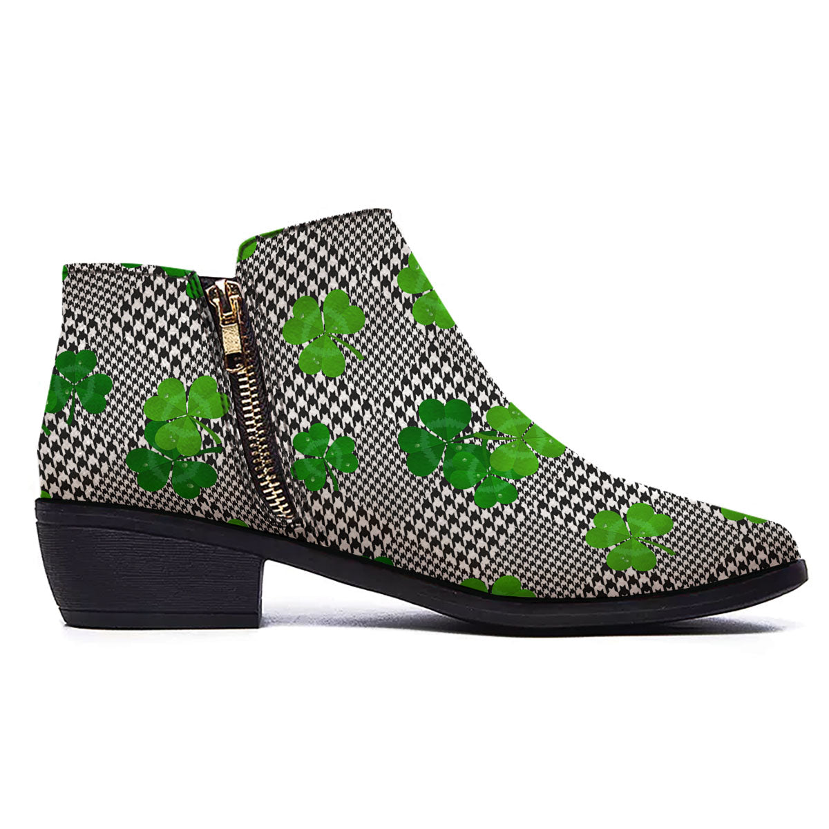 Houndstooth Shamrocks Print Pattern Ankle Boots-grizzshop