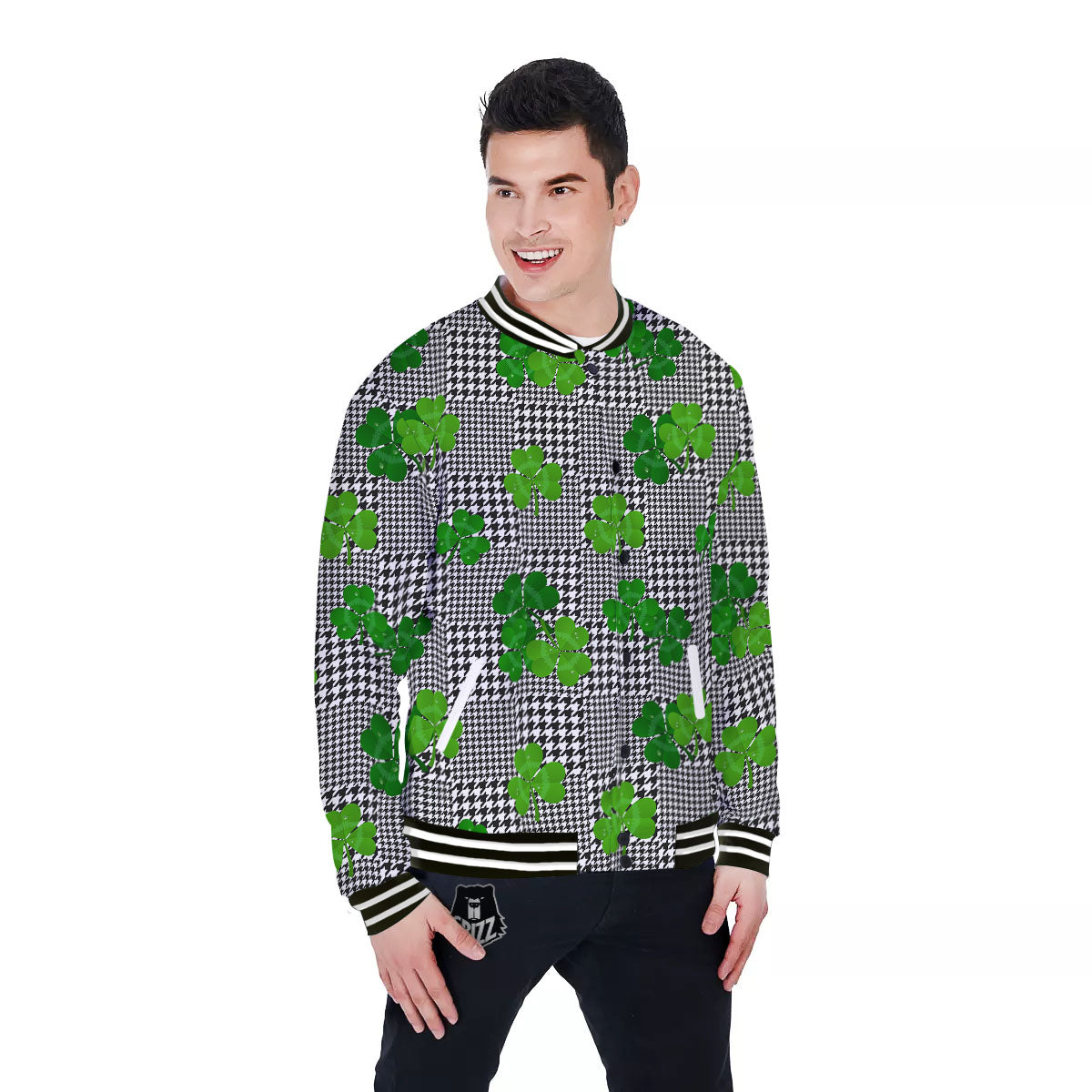 Houndstooth Shamrocks Print Pattern Baseball Jacket-grizzshop