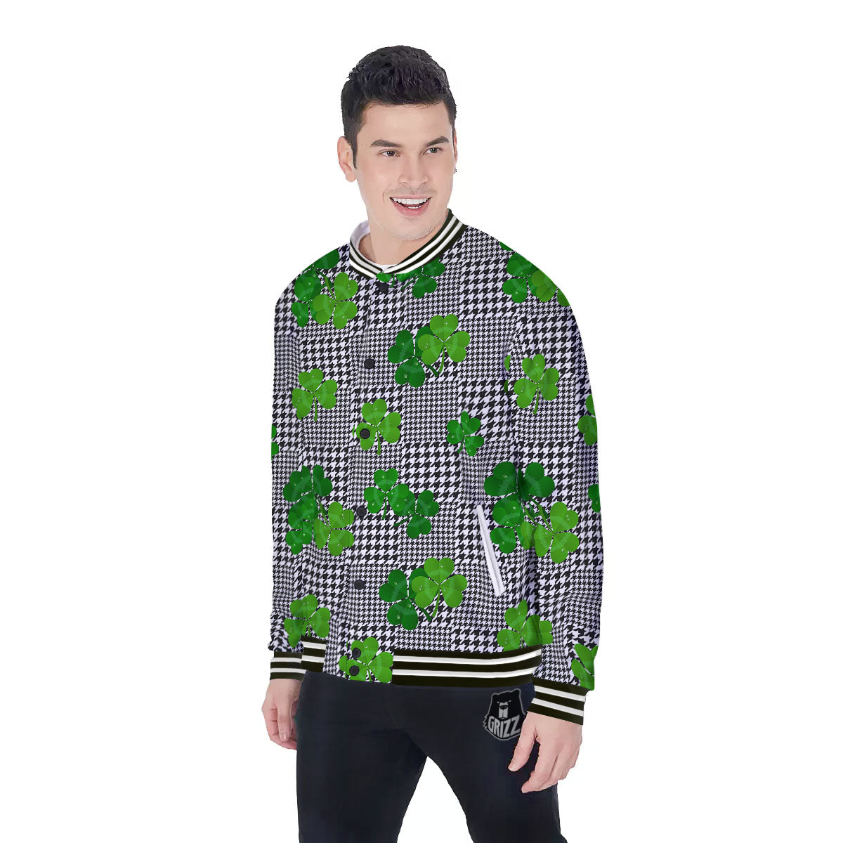 Houndstooth Shamrocks Print Pattern Baseball Jacket-grizzshop
