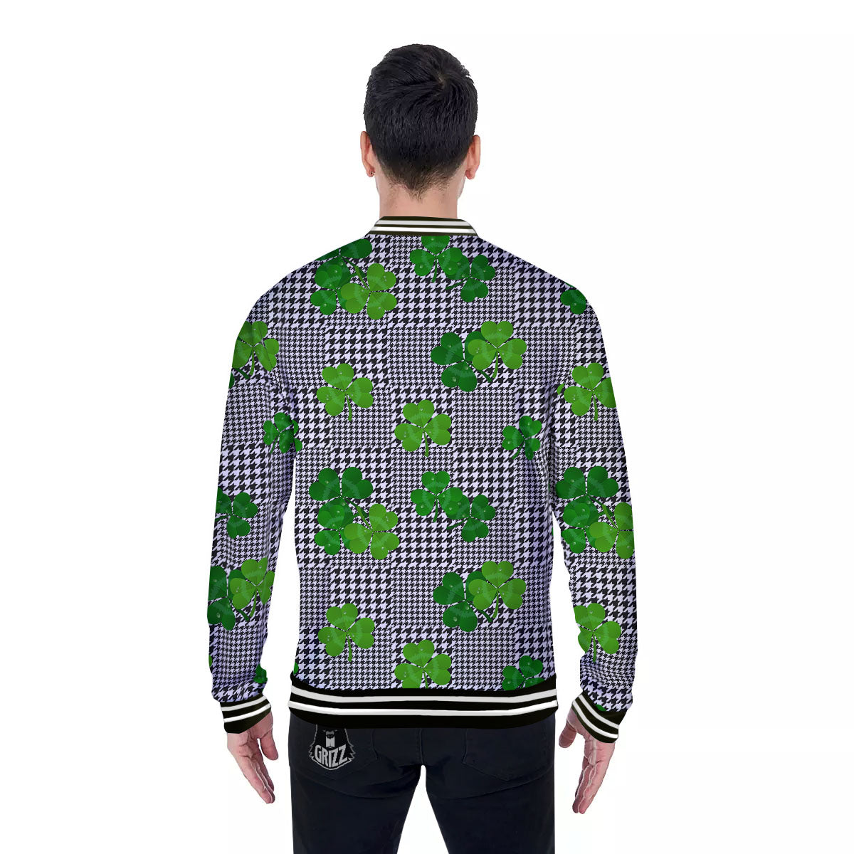 Houndstooth Shamrocks Print Pattern Baseball Jacket-grizzshop