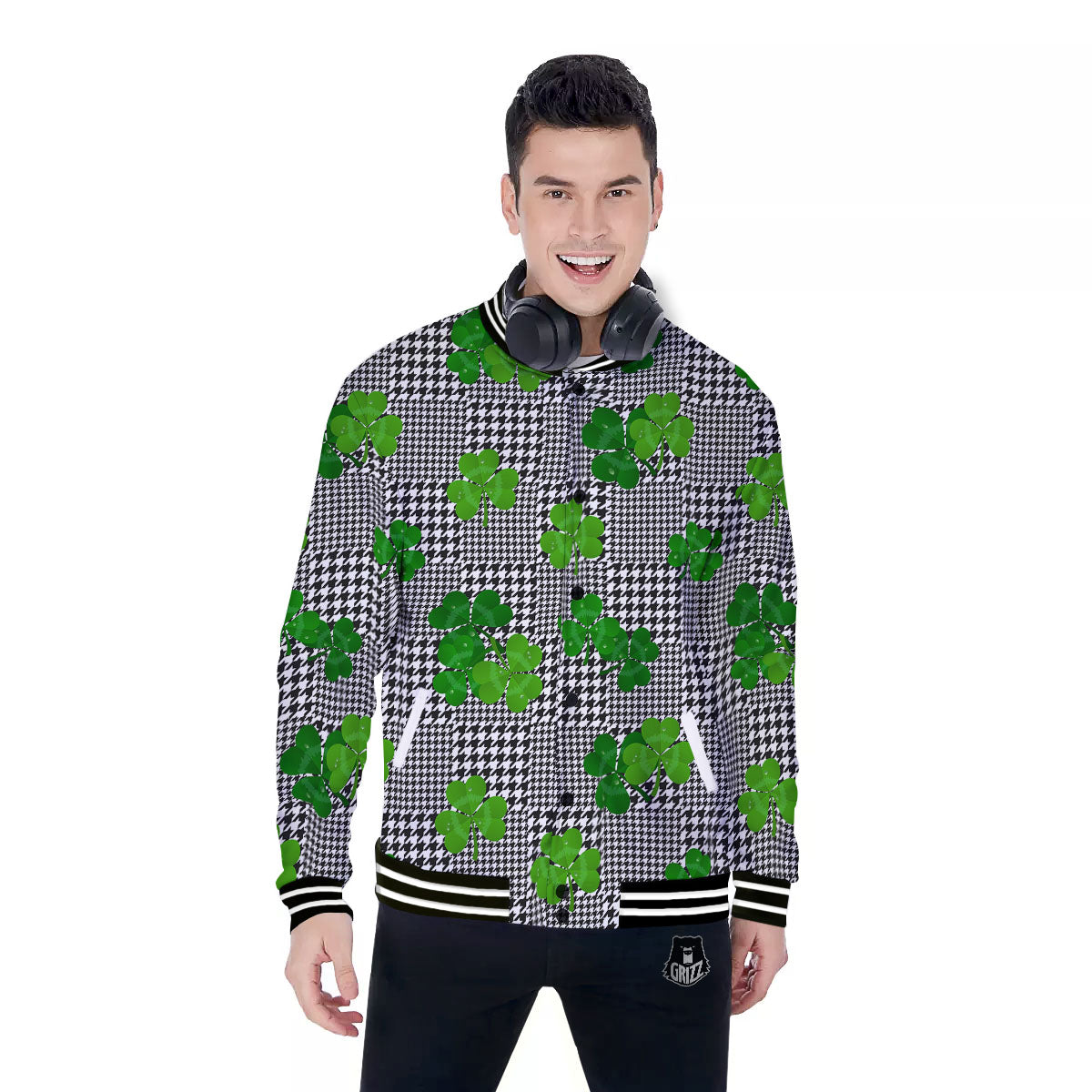 Houndstooth Shamrocks Print Pattern Baseball Jacket-grizzshop
