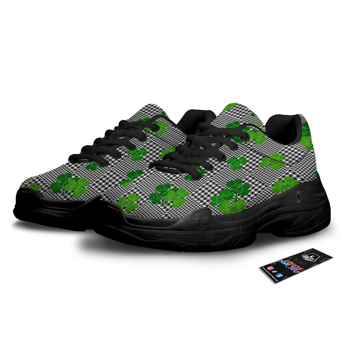 Houndstooth Shamrocks Print Pattern Black Chunky Shoes-grizzshop