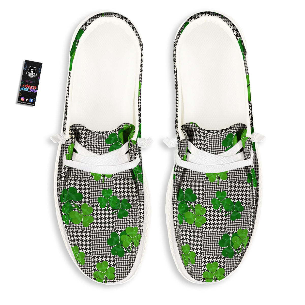 Houndstooth Shamrocks Print Pattern Black Loafers-grizzshop
