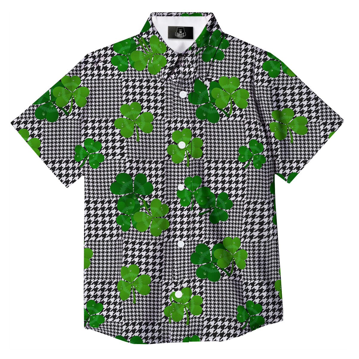 Houndstooth Shamrocks Print Pattern Button Up Shirt-grizzshop