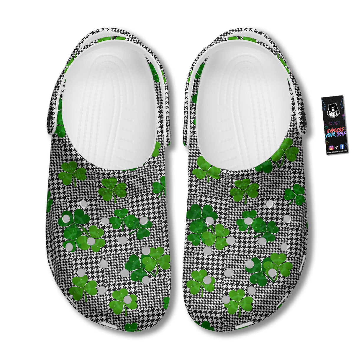Houndstooth Shamrocks Print Pattern Clog-grizzshop