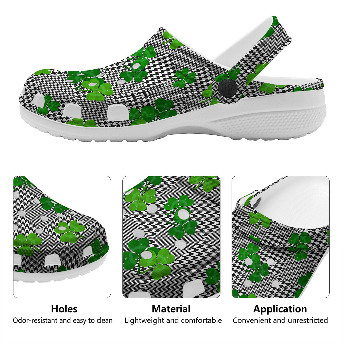 Houndstooth Shamrocks Print Pattern Clog-grizzshop