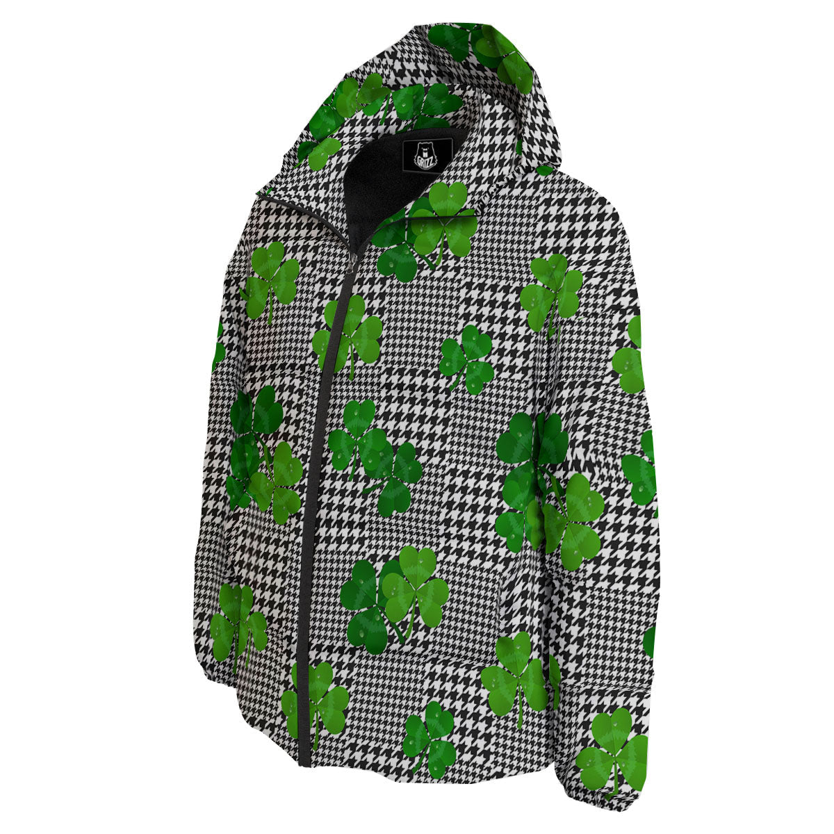 Houndstooth Shamrocks Print Pattern Down Jacket-grizzshop