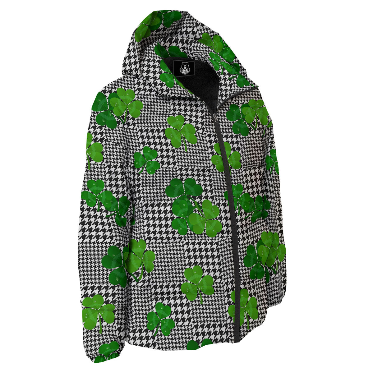 Houndstooth Shamrocks Print Pattern Down Jacket-grizzshop