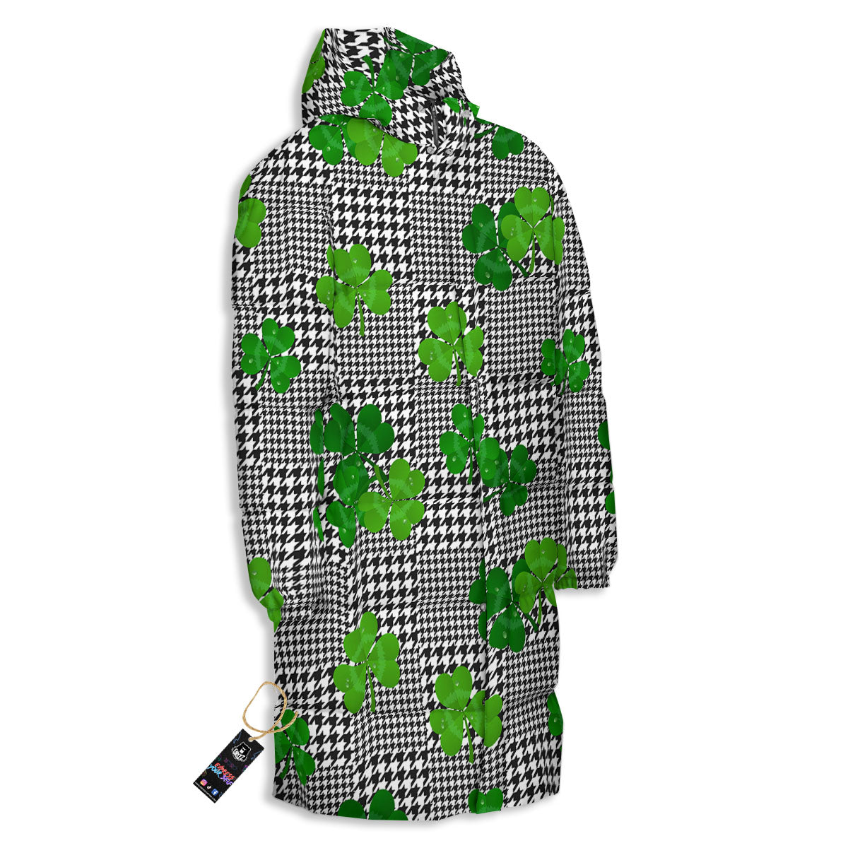 Houndstooth Shamrocks Print Pattern Long Down Jacket-grizzshop