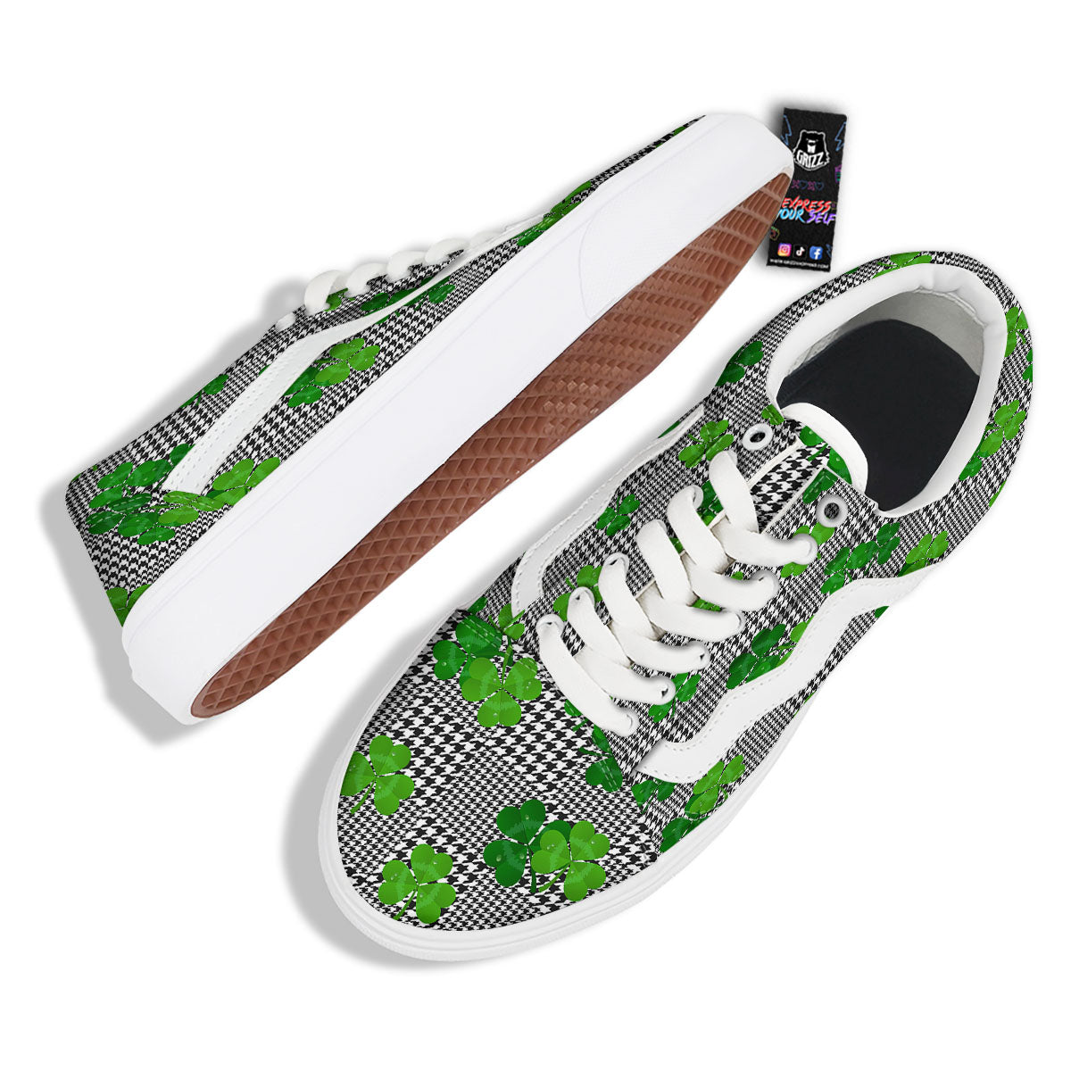 Houndstooth Shamrocks Print Pattern Skate Shoes-grizzshop