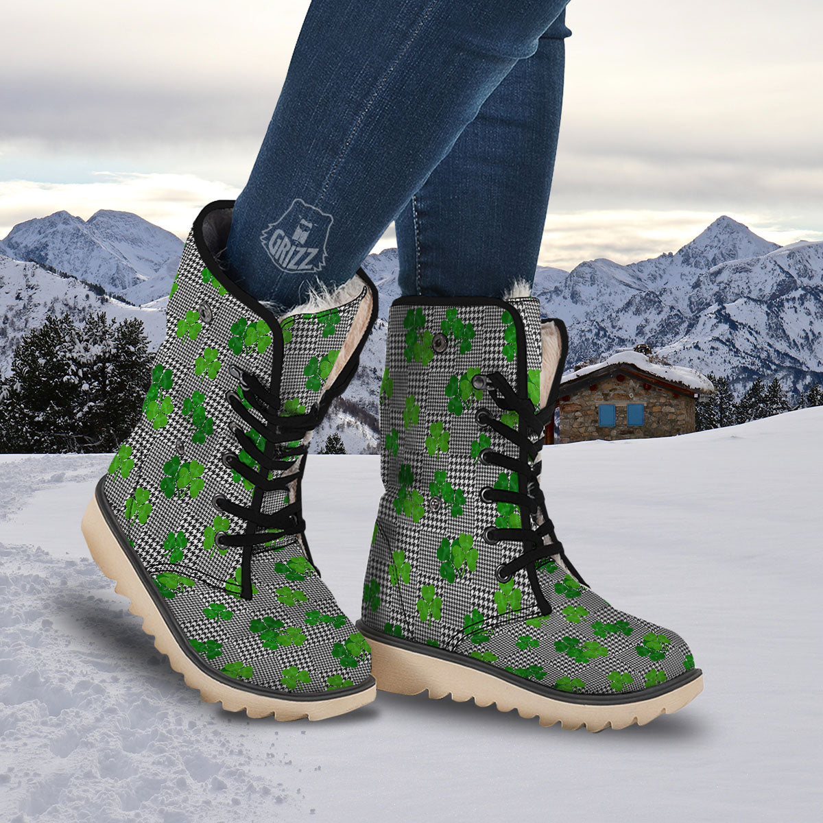 Houndstooth Shamrocks Print Pattern Snow Boots-grizzshop