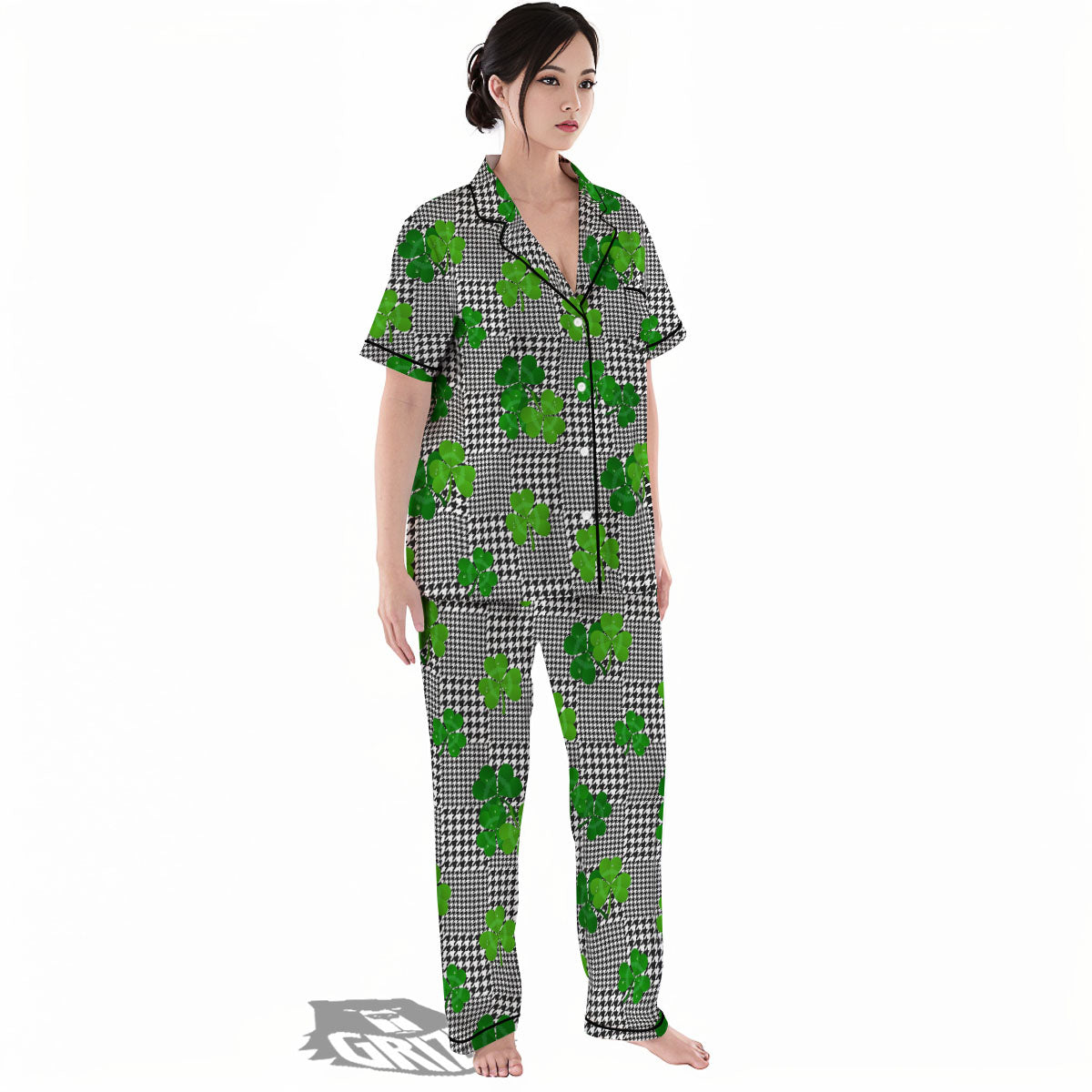Houndstooth Shamrocks Print Pattern Women's Pajamas Set-grizzshop