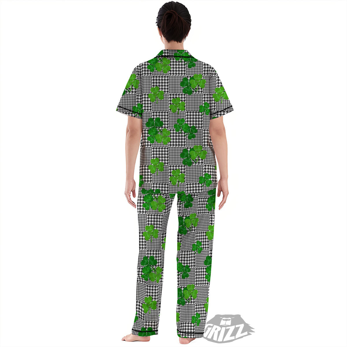 Houndstooth Shamrocks Print Pattern Women's Pajamas Set-grizzshop