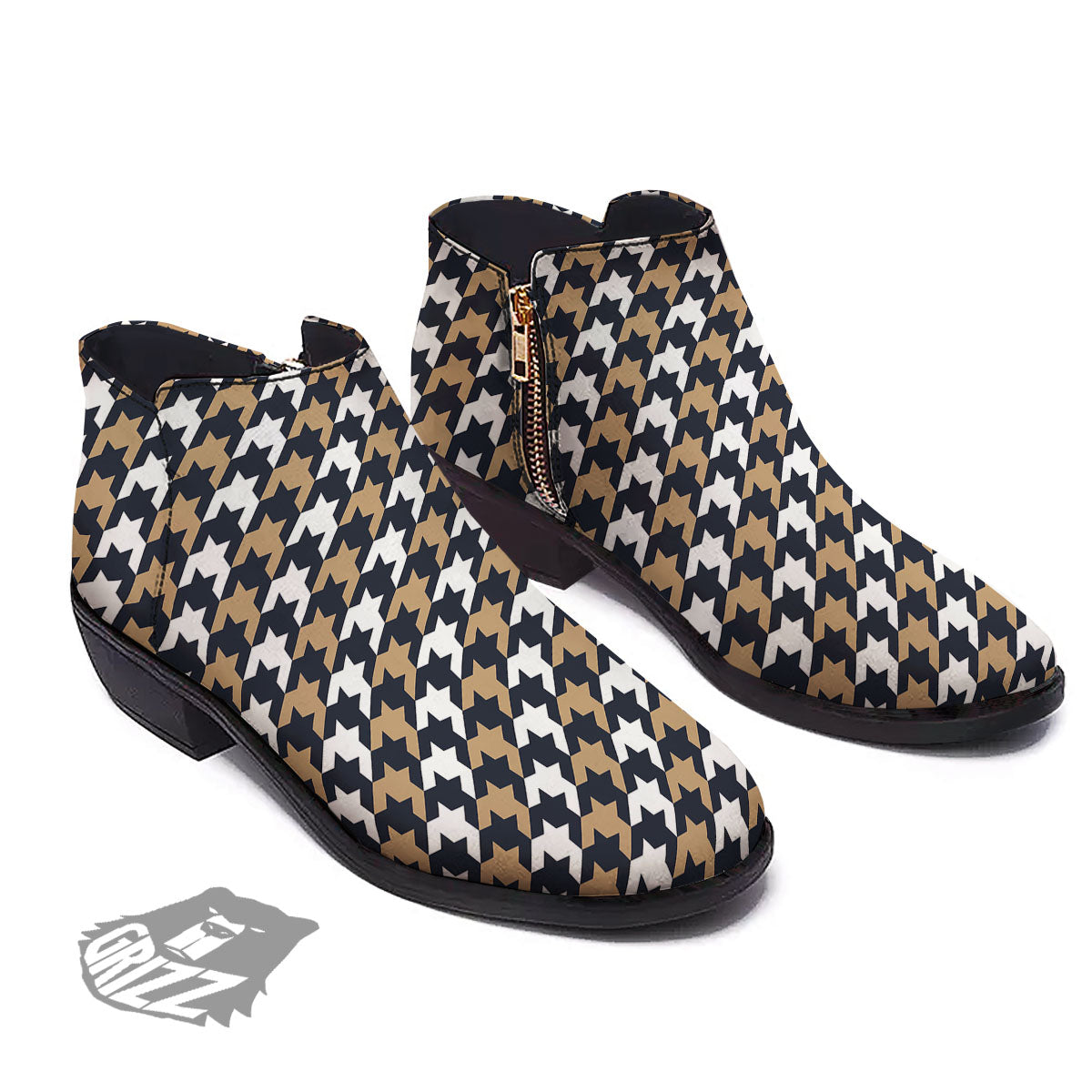 Houndstooth Tan And Brown Print Pattern Ankle Boots-grizzshop