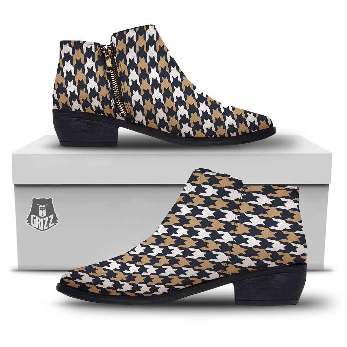 Houndstooth Tan And Brown Print Pattern Ankle Boots-grizzshop