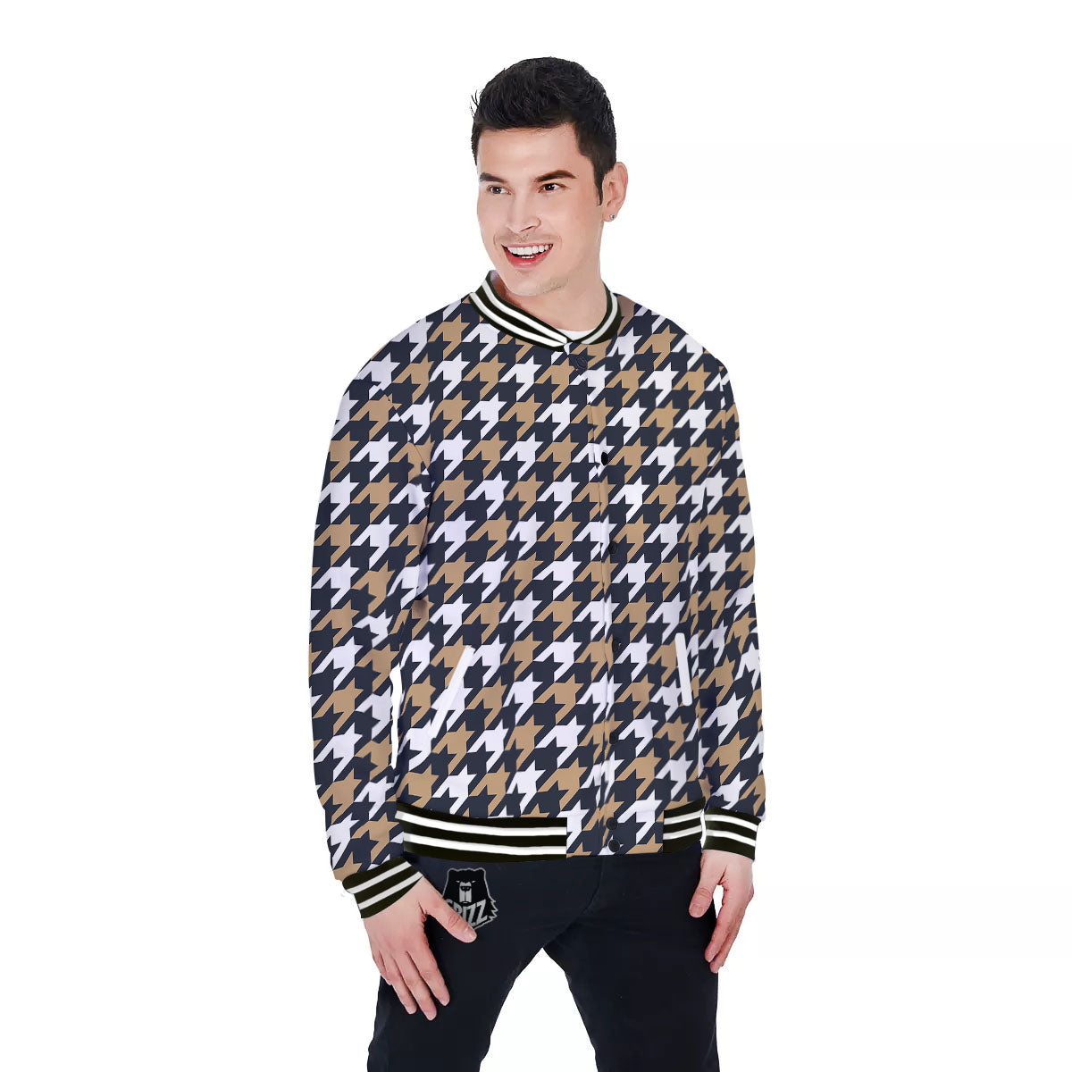 Houndstooth Tan And Brown Print Pattern Baseball Jacket-grizzshop