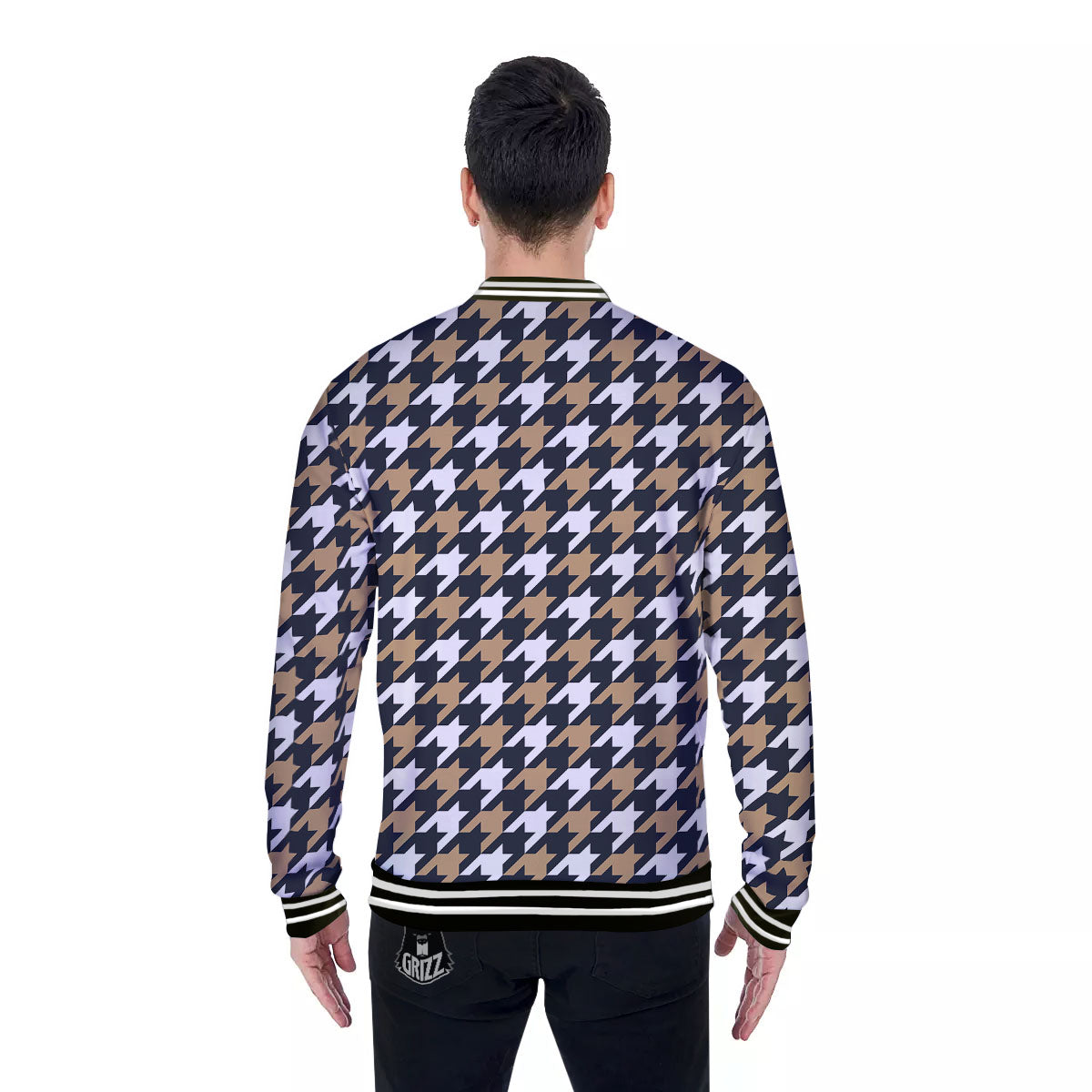 Houndstooth Tan And Brown Print Pattern Baseball Jacket-grizzshop