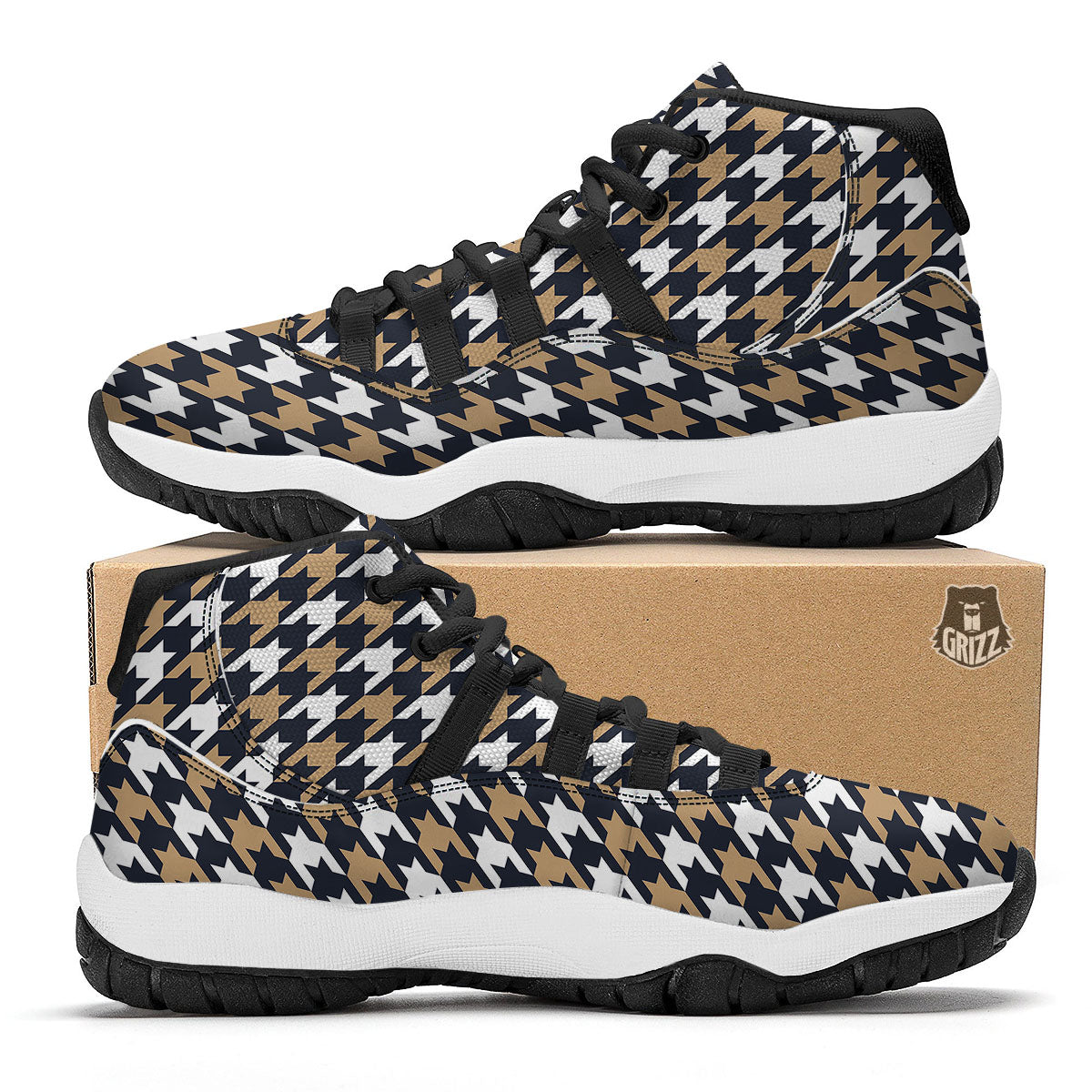 Houndstooth Tan And Brown Print Pattern Black Bball Shoes-grizzshop