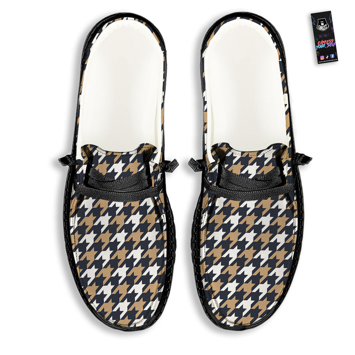 Houndstooth Tan And Brown Print Pattern Black Loafers-grizzshop