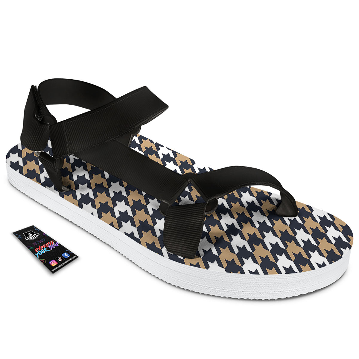 Houndstooth Tan And Brown Print Pattern Black Open Toe Sandals-grizzshop