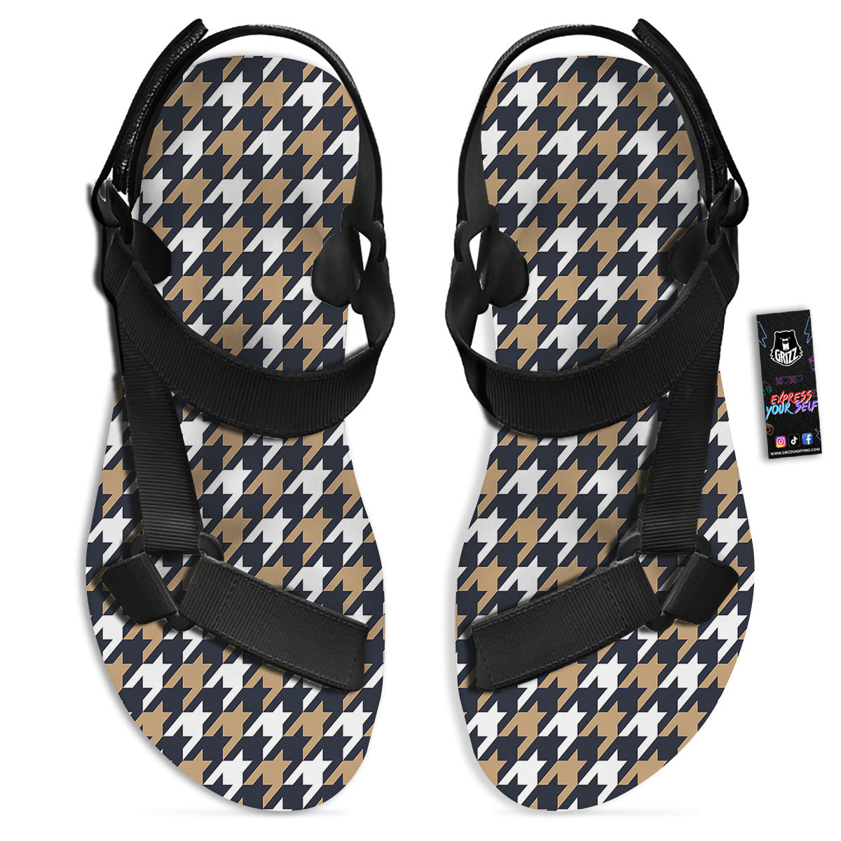 Houndstooth Tan And Brown Print Pattern Black Open Toe Sandals-grizzshop