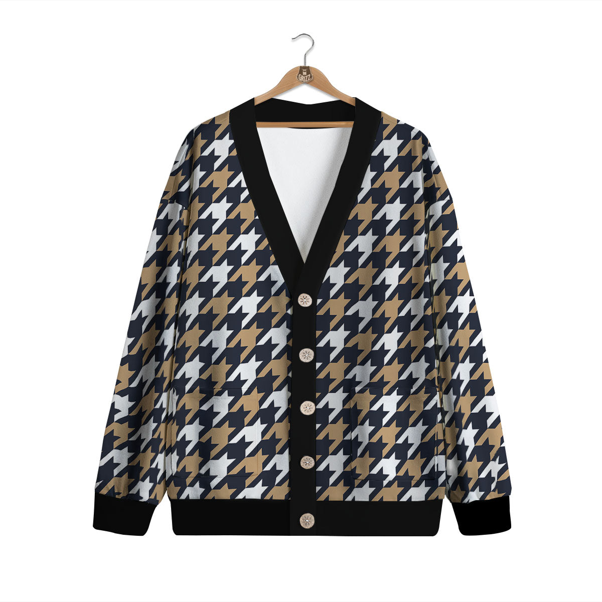 Houndstooth Tan And Brown Print Pattern Cardigan-grizzshop