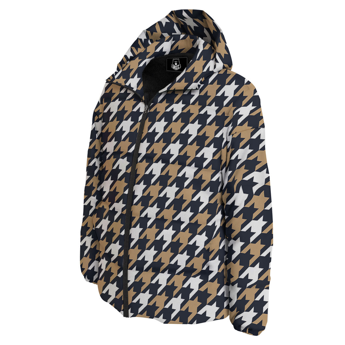 Houndstooth Tan And Brown Print Pattern Down Jacket-grizzshop