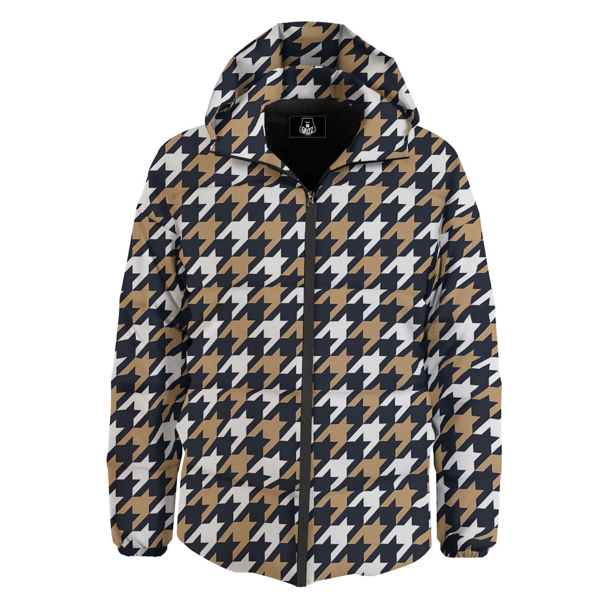 Houndstooth Tan And Brown Print Pattern Down Jacket-grizzshop