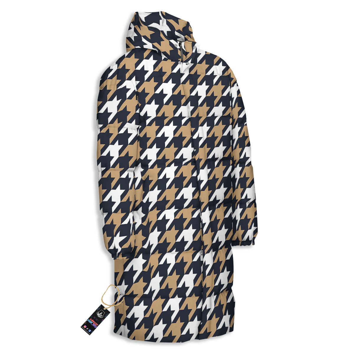 Houndstooth Tan And Brown Print Pattern Long Down Jacket-grizzshop