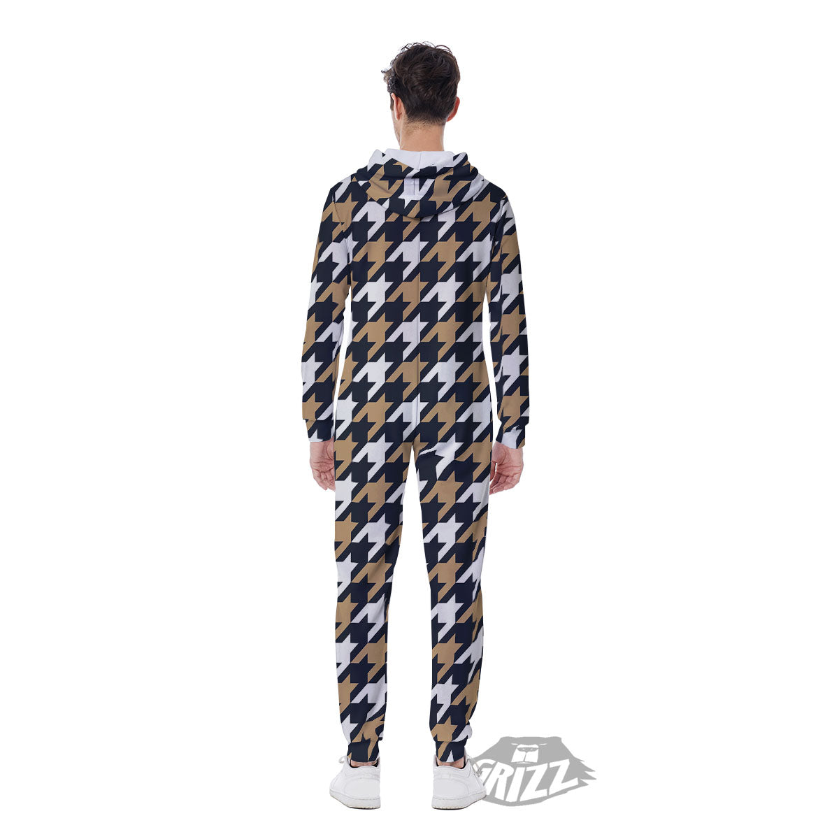 Houndstooth Tan And Brown Print Pattern Men's Jumpsuit-grizzshop