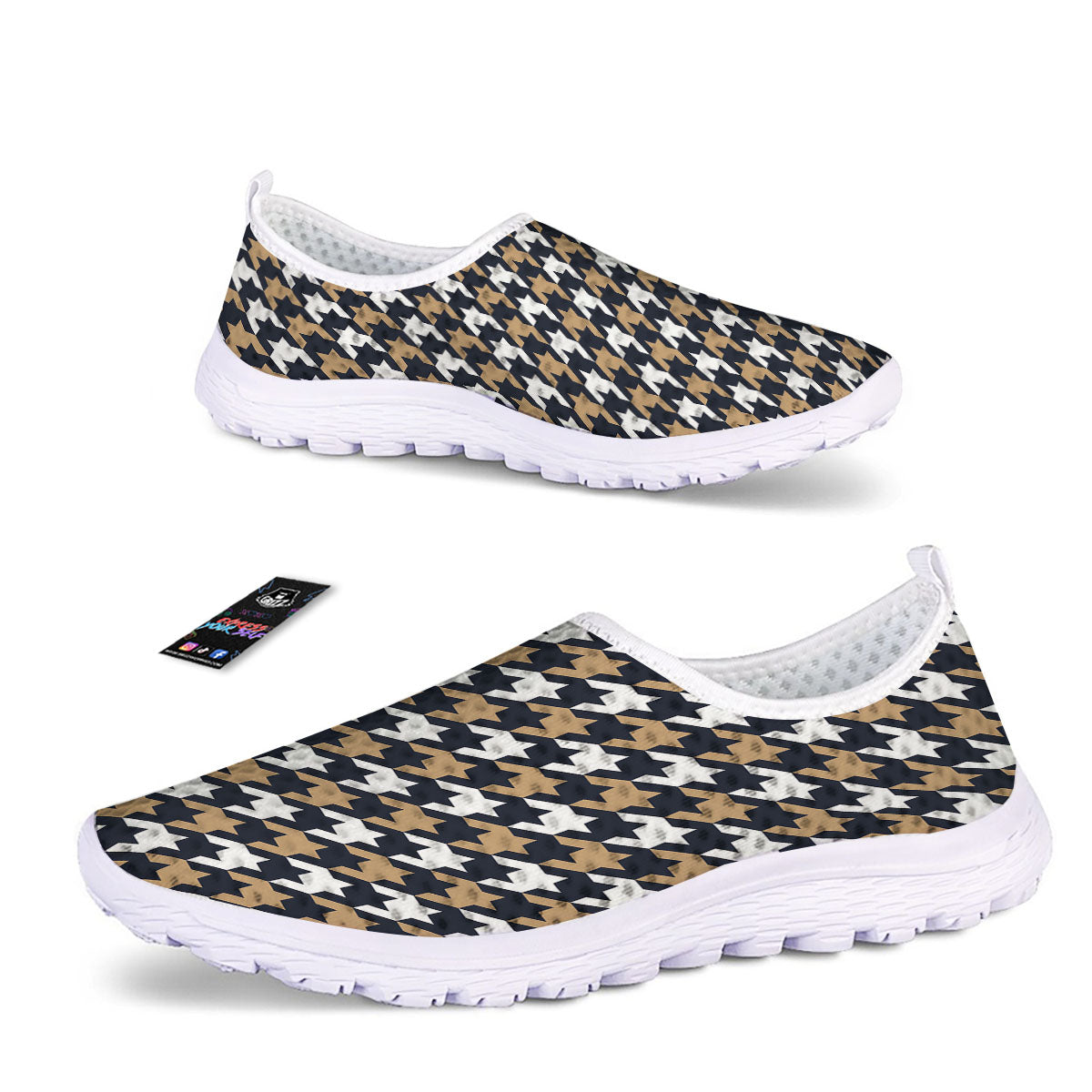 Houndstooth Tan And Brown Print Pattern Nurse Shoes-grizzshop