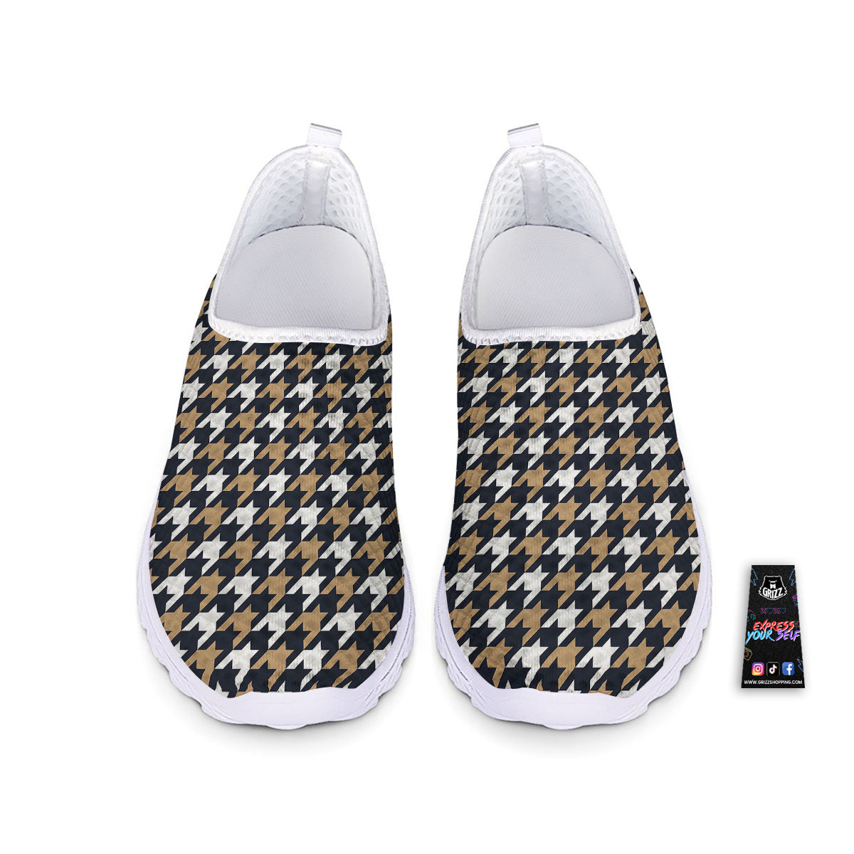 Houndstooth Tan And Brown Print Pattern Nurse Shoes-grizzshop