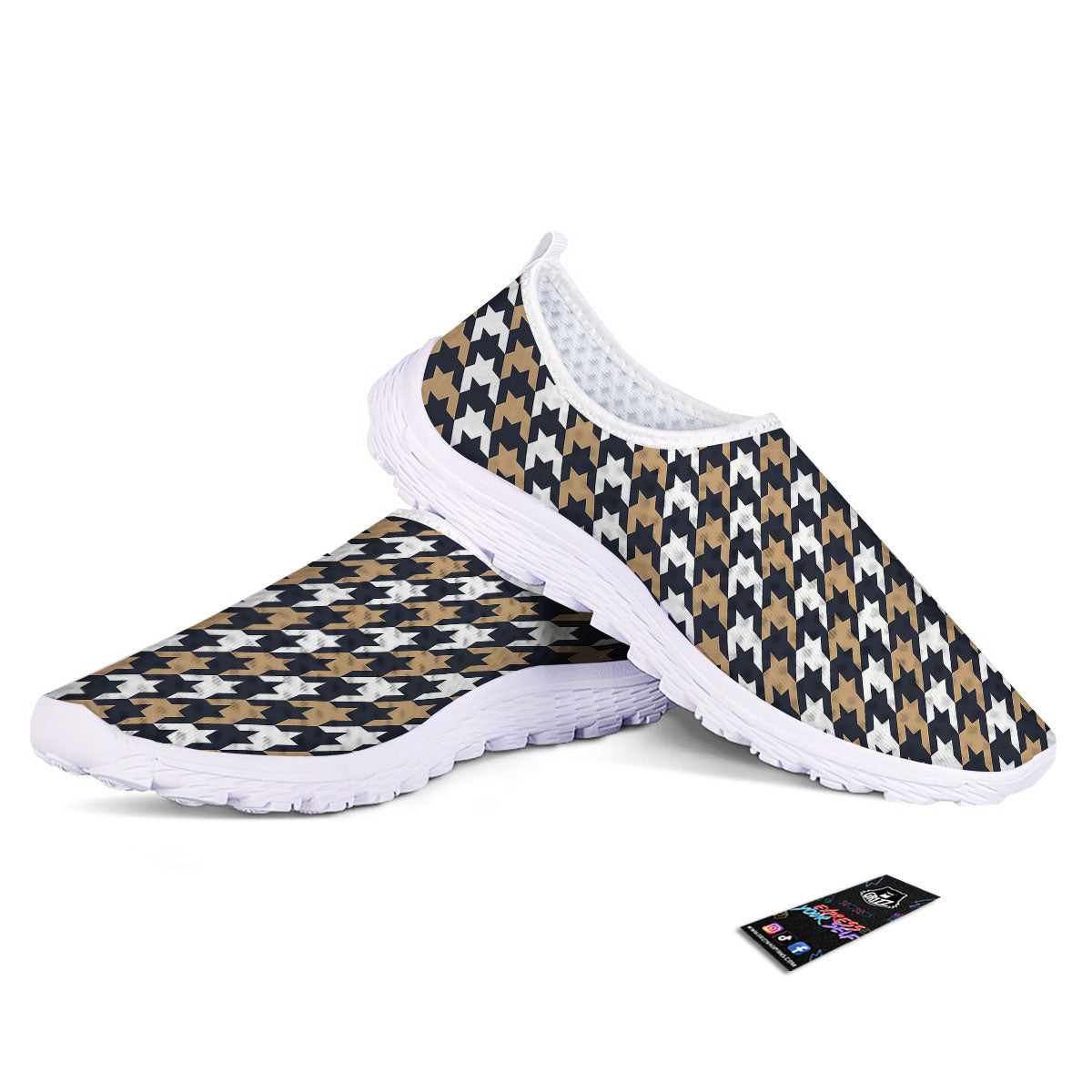 Houndstooth Tan And Brown Print Pattern Nurse Shoes-grizzshop