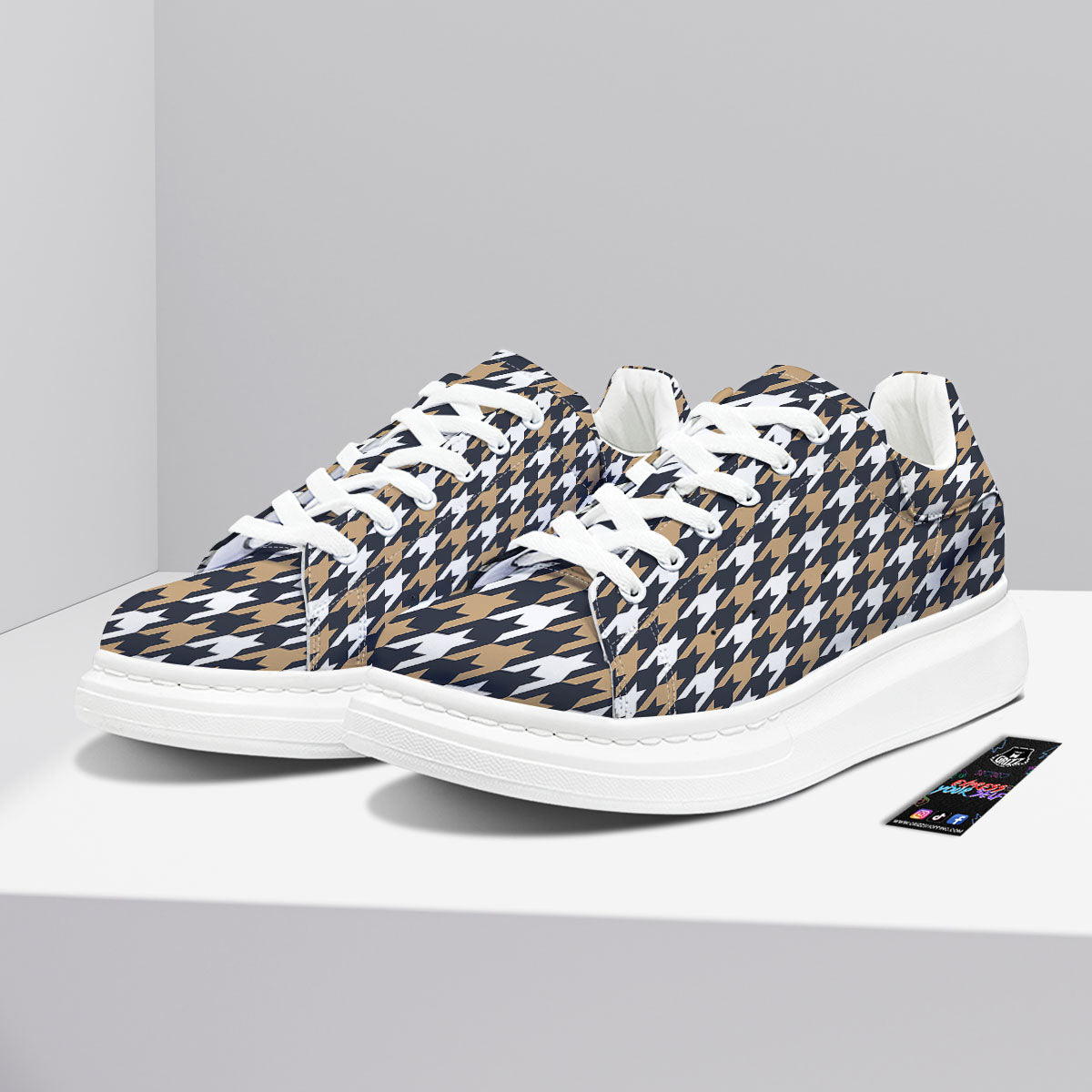 Houndstooth Tan And Brown Print Pattern Platform Shoes-grizzshop