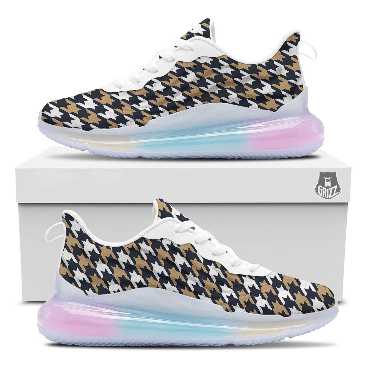 Houndstooth Tan And Brown Print Pattern Running Sneakers-grizzshop