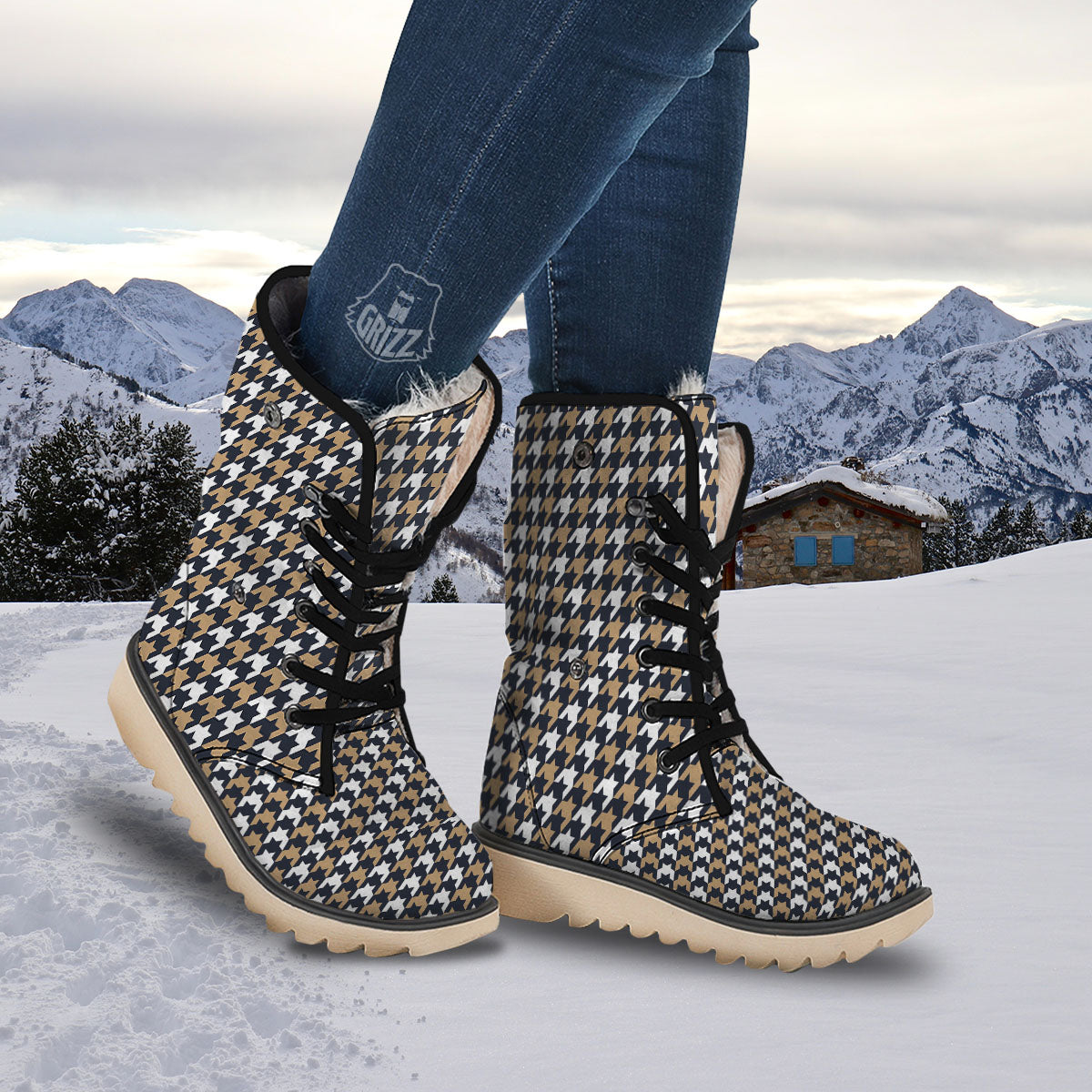 Houndstooth Tan And Brown Print Pattern Snow Boots-grizzshop