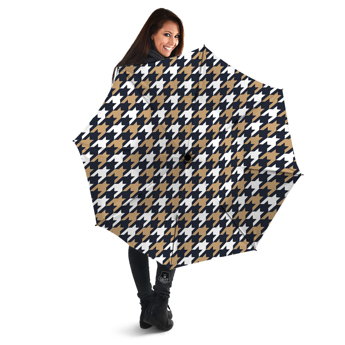 Houndstooth Tan And Brown Print Pattern Umbrella-grizzshop