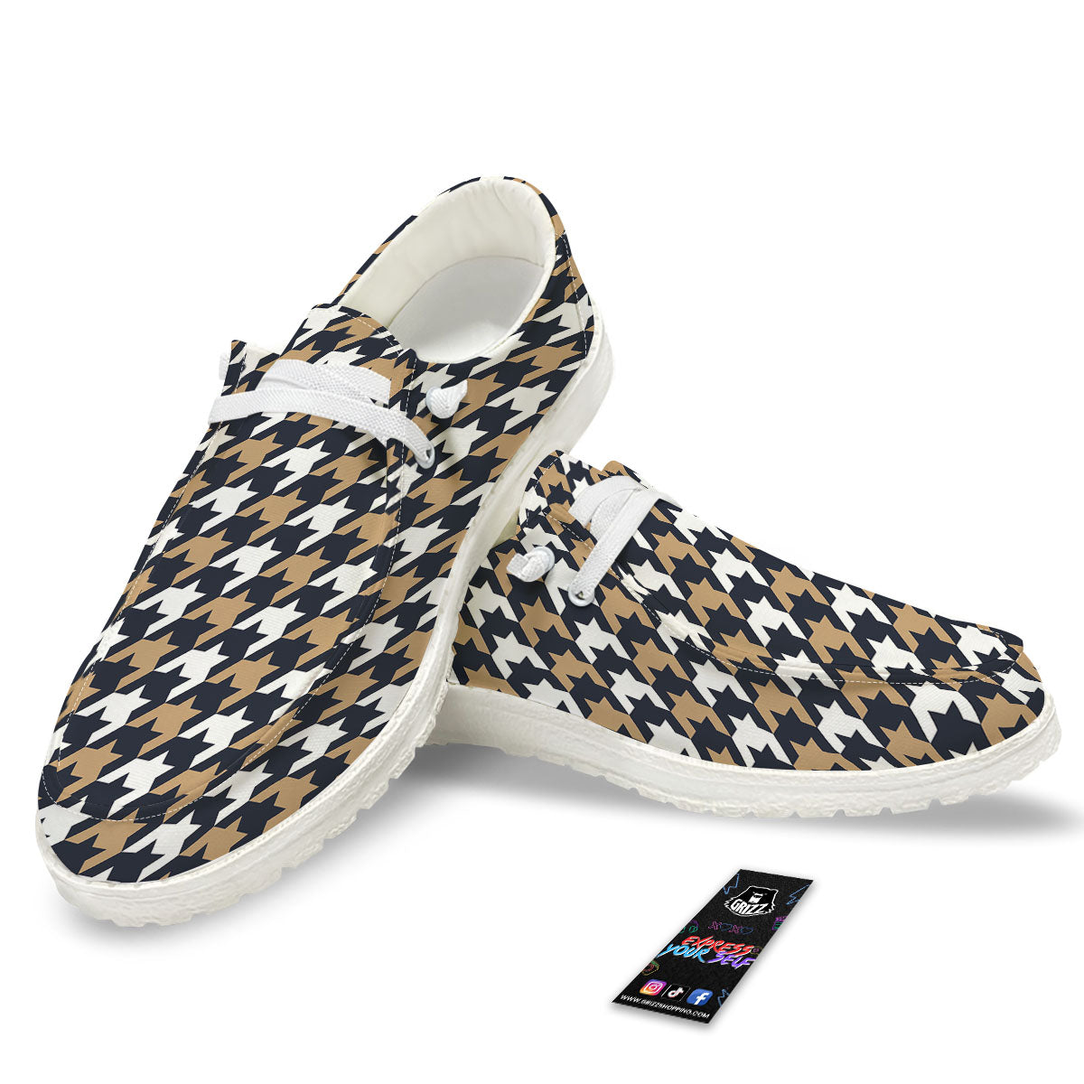 Houndstooth Tan And Brown Print Pattern White Loafers-grizzshop