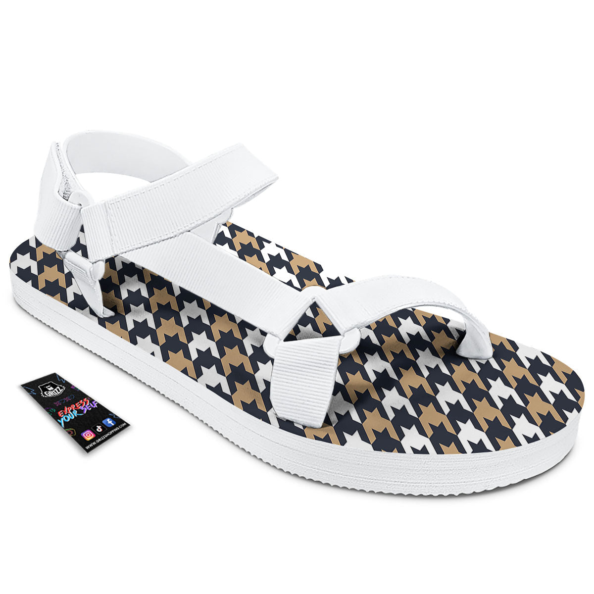 Houndstooth Tan And Brown Print Pattern White Open Toe Sandals-grizzshop