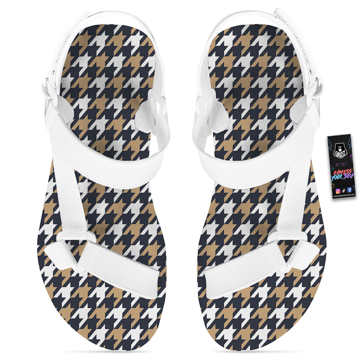 Houndstooth Tan And Brown Print Pattern White Open Toe Sandals-grizzshop