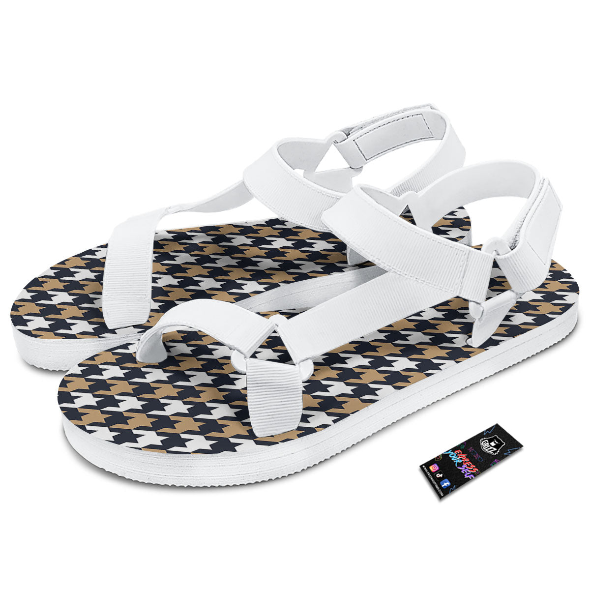 Houndstooth Tan And Brown Print Pattern White Open Toe Sandals-grizzshop